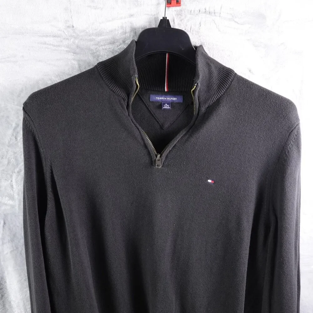 Tommy Hilfiger Sweater Mens XL Black 1/4 Zip Mock Neck Pullover Logo Knit Casual